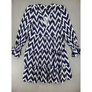 Pomander Place Tiered Dress Womens L Navy Blue Ikat Chevron V-Neck Smocked Cuff